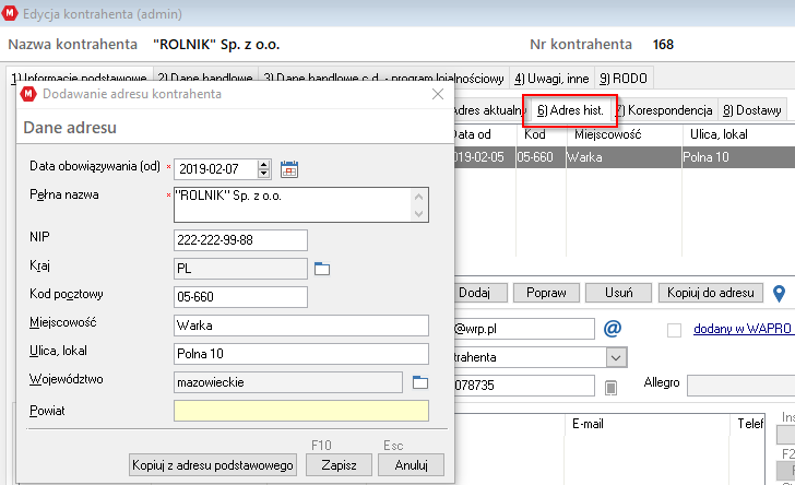 WAPRO Mag adres historyczny kontrahenta